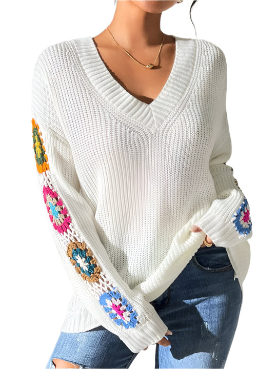 Elena - Elegancki sweter damski z dekoltem V i kwiatowym wzorem