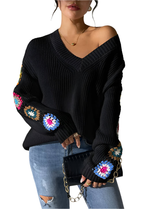 Elena - Elegancki sweter damski z dekoltem V i kwiatowym wzorem