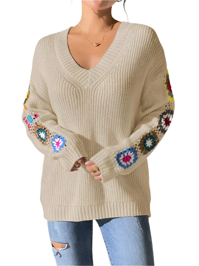 Elena - Elegancki sweter damski z dekoltem V i kwiatowym wzorem
